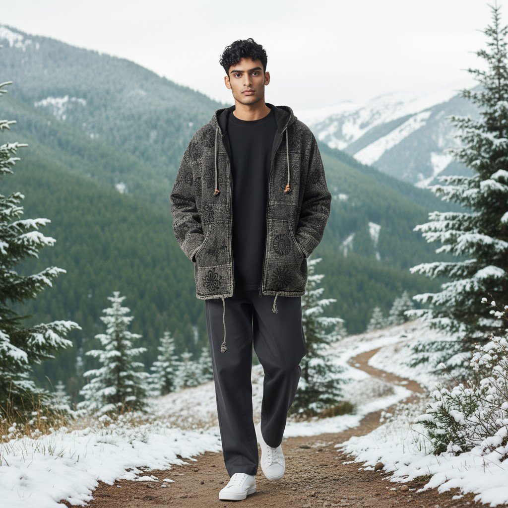 Pahadi Om Patchwork Hoodie – Handmade Boho Nepali Cotton Zipper Jacket by HimalayanKraft 5 Handmade Pahadi Om Patchwork Hoodie in black grey stonewashed cotton, fleece lined, unisex boho Nepali jacket with Om and Mandala prints by HimalayanKraft