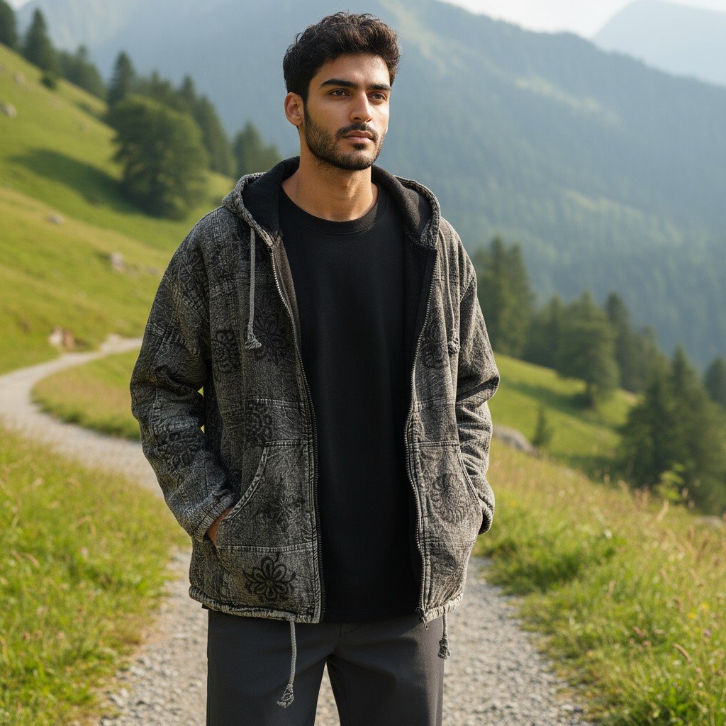 Pahadi Om Patchwork Hoodie – Handmade Boho Nepali Cotton Zipper Jacket by HimalayanKraft 6 Handmade Pahadi Om Patchwork Hoodie in black grey stonewashed cotton, fleece lined, unisex boho Nepali jacket with Om and Mandala prints by HimalayanKraft