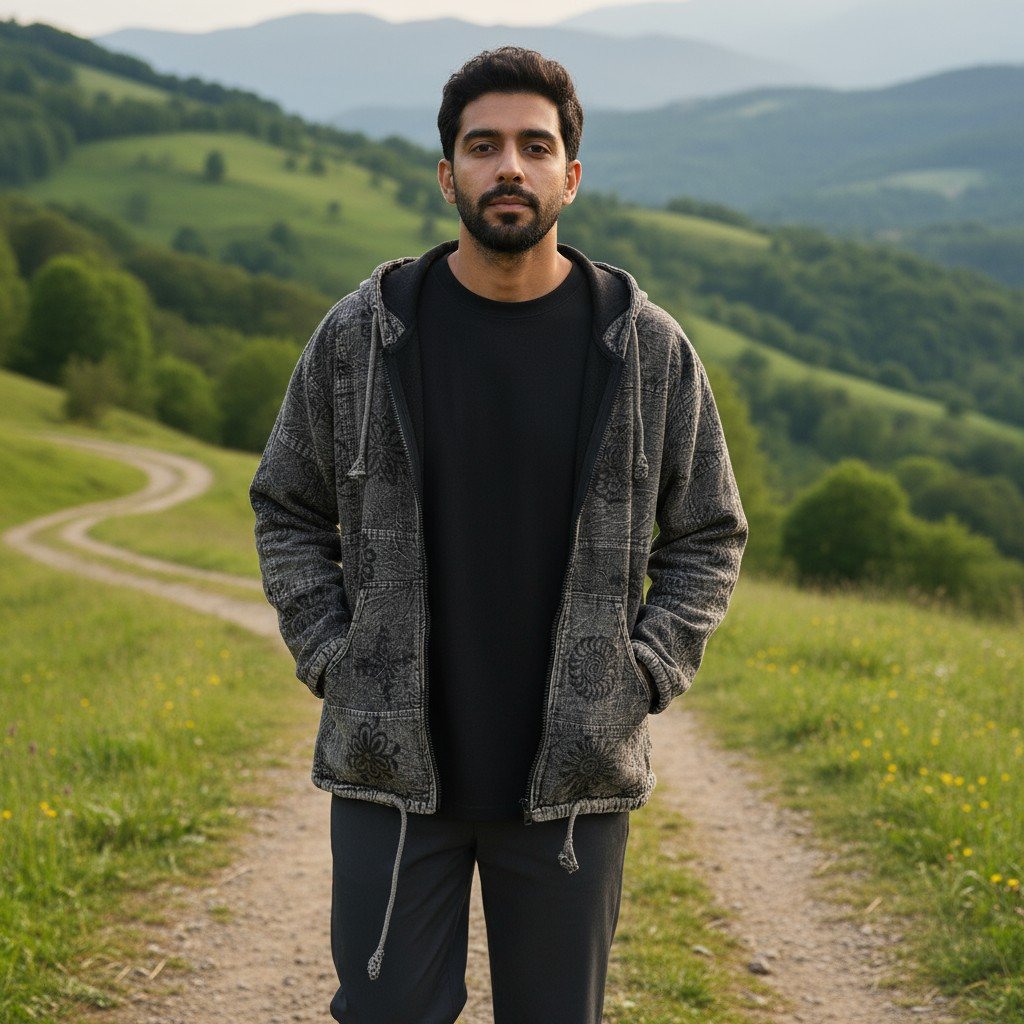 Pahadi Om Patchwork Hoodie – Handmade Boho Nepali Cotton Zipper Jacket by HimalayanKraft 7 Handmade Pahadi Om Patchwork Hoodie in black grey stonewashed cotton, fleece lined, unisex boho Nepali jacket with Om and Mandala prints by HimalayanKraft