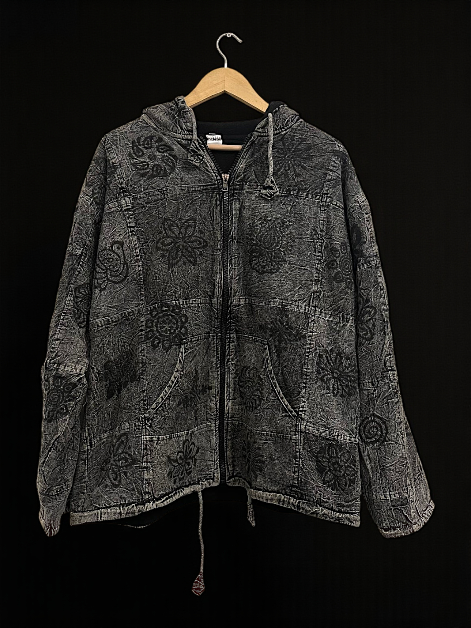 Pahadi Om Patchwork Hoodie – Handmade Boho Nepali Cotton Zipper Jacket by HimalayanKraft 8 Handmade Pahadi Om Patchwork Hoodie in black grey stonewashed cotton, fleece lined, unisex boho Nepali jacket with Om and Mandala prints by HimalayanKraft