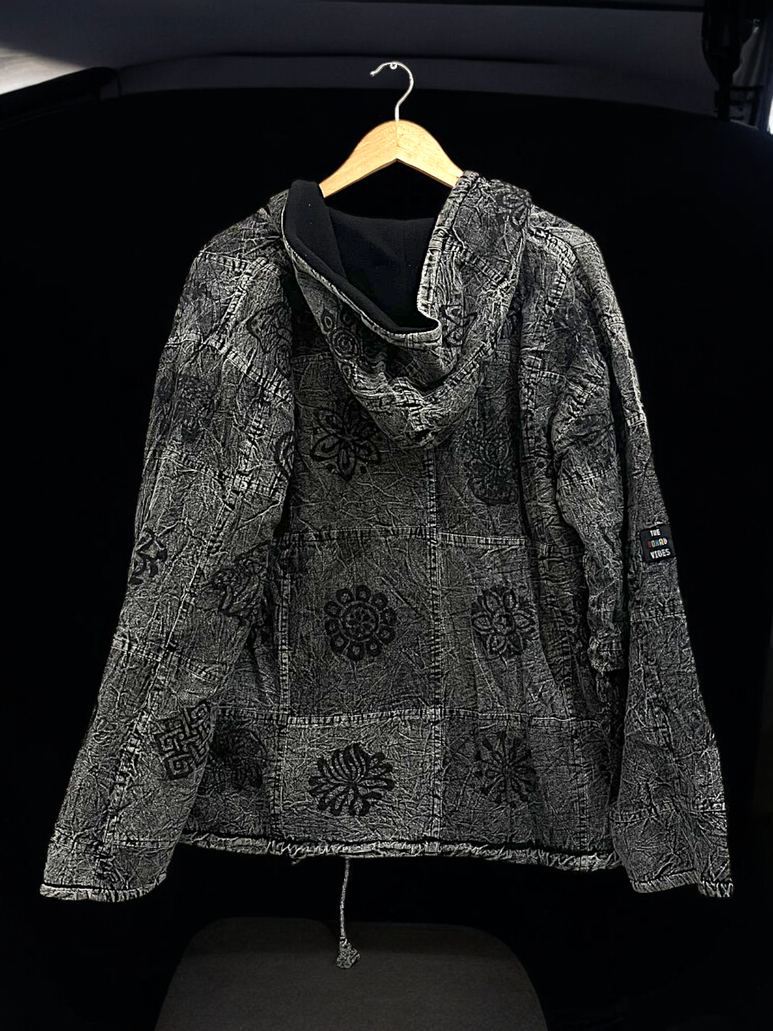 Pahadi Om Patchwork Hoodie – Handmade Boho Nepali Cotton Zipper Jacket by HimalayanKraft 9 Handmade Pahadi Om Patchwork Hoodie in black grey stonewashed cotton, fleece lined, unisex boho Nepali jacket with Om and Mandala prints by HimalayanKraft