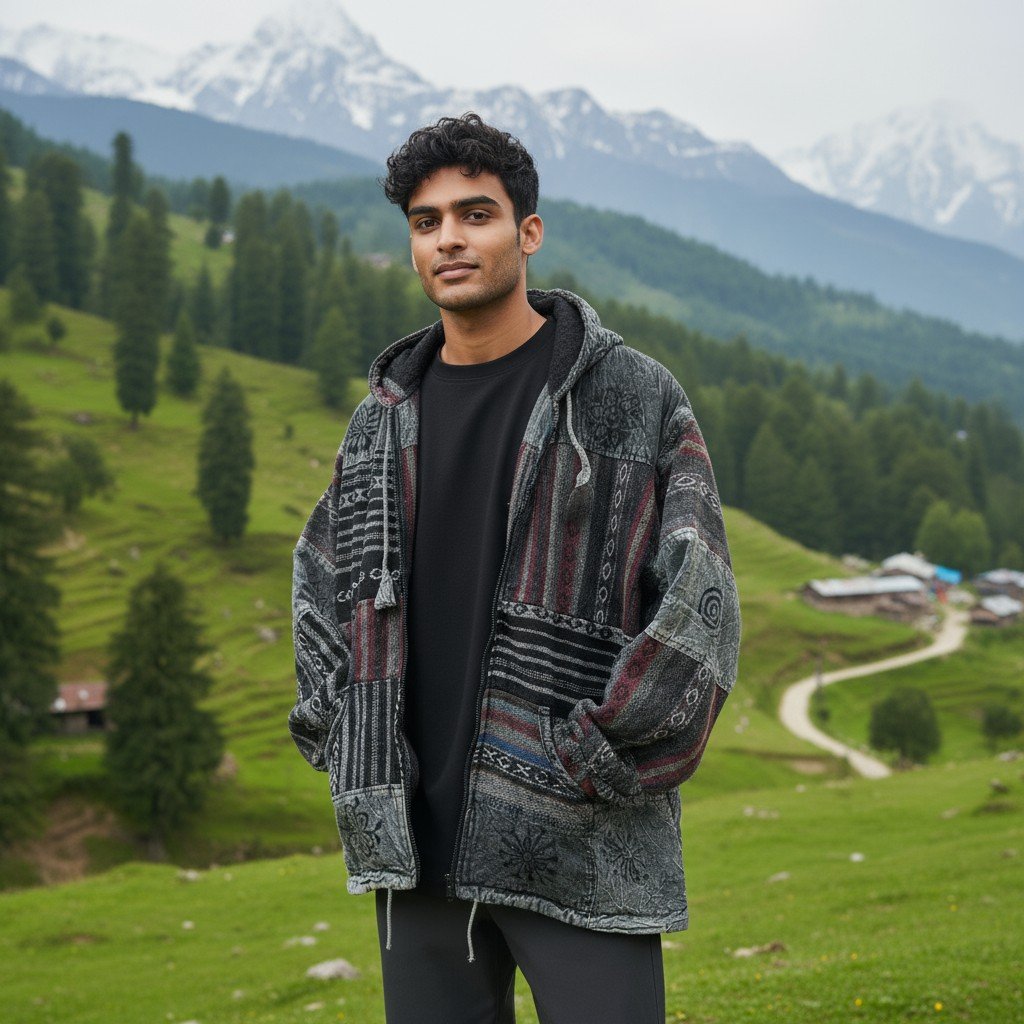 Pahadi Tibetan Style Boho Nepali Zipper Hoodie -Hippy Baja Winter Hoodie by Himalayankraft 2 Pahadi Tibetan Style Boho Nepali Zipper Hoodie -Hippy Baja Winter Hoodie by Himalayankraft