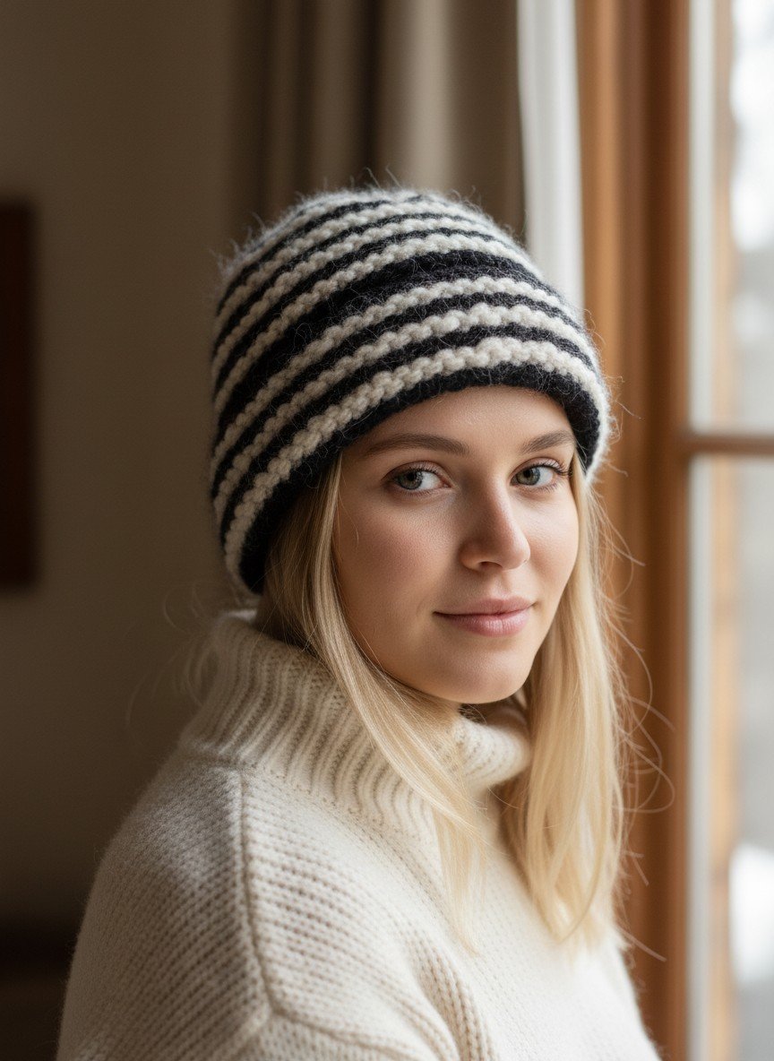 Angora Rabbit Wool Soft Fold Big Size Beanies Cap Hand Knitted By Himalayankraft Kullu Himachal Black white Kids Fold Caps 1.1 Angora wool long beanie cap covering ears fully handmade in Himachal