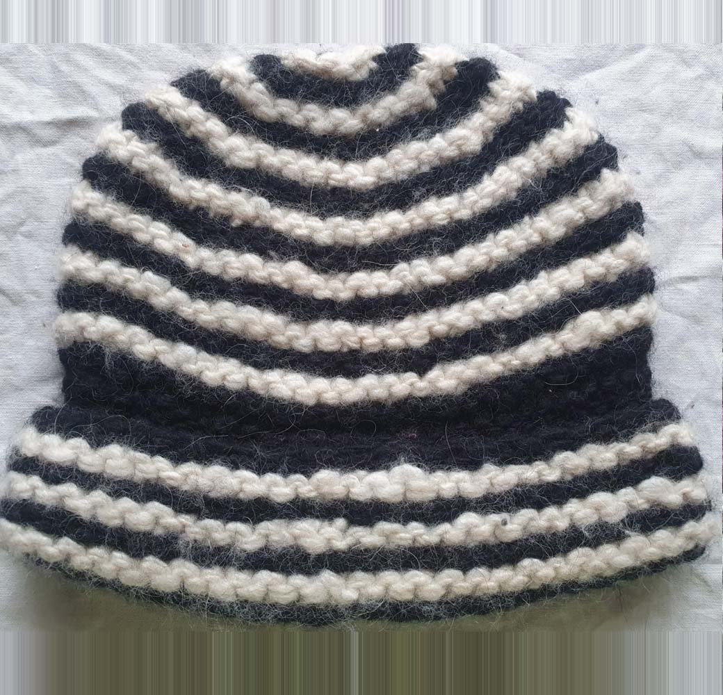 Angora Rabbit Wool Soft Fold Big Size Beanies Cap Hand Knitted By Himalayankraft Kullu Himachal Black white Kids Fold Caps Angora wool long beanie cap covering ears fully handmade in Himachal