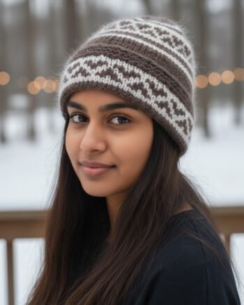 Dark grey angora wool long foldable beanie cap handmade in Himachal