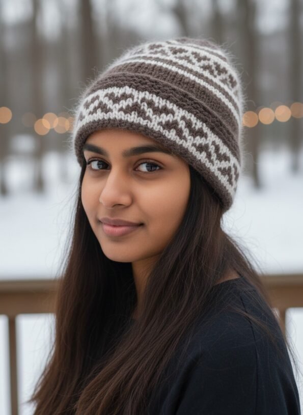 Dark grey angora wool long foldable beanie cap handmade in Himachal