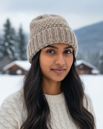 Grey angora wool long foldable beanie cap handmade in Himachal