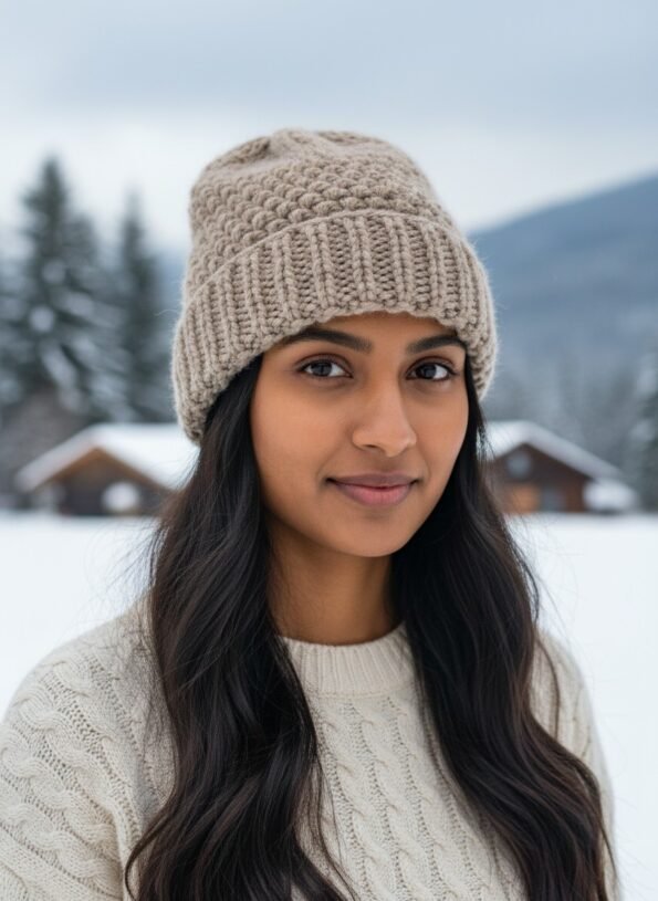 Grey angora wool long foldable beanie cap handmade in Himachal