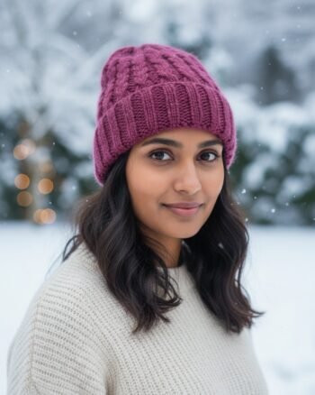 Dark pink angora wool long foldable beanie cap handmade in Himachal