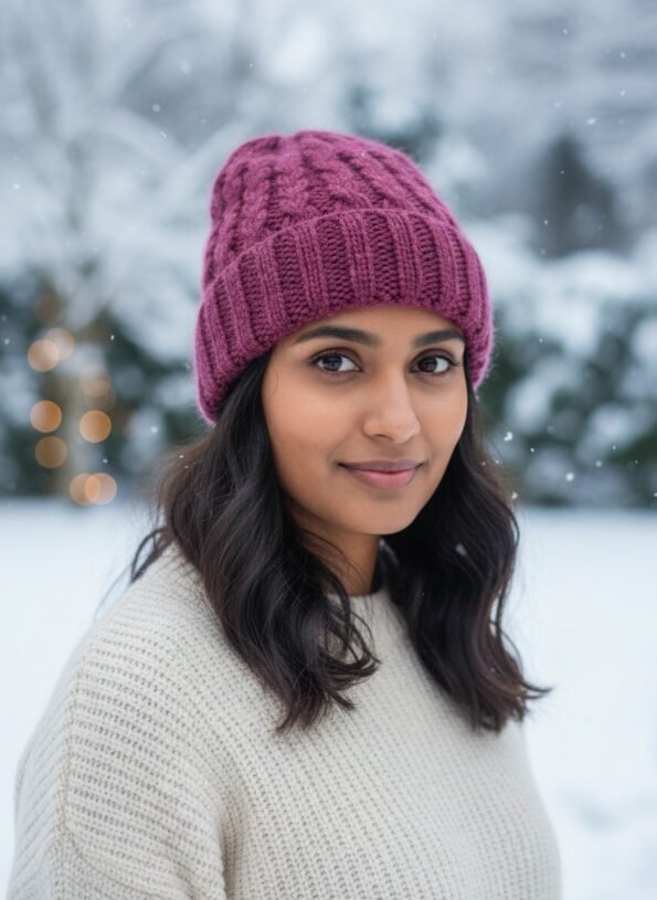 Dark pink angora wool long foldable beanie cap handmade in Himachal