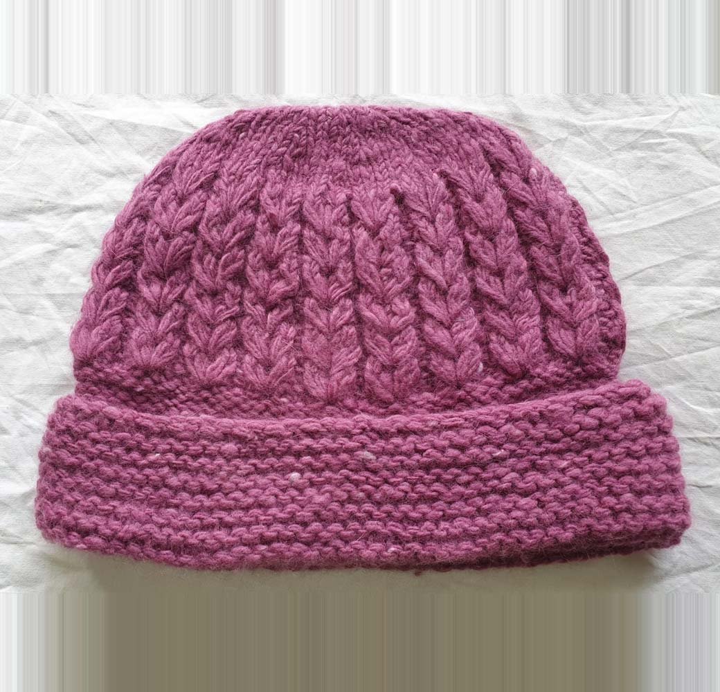 Angora Rabbit Wool Soft Fold Big Size Beanies Cap Hand Knitted By Himalayankraft Kullu Himachal Dark Pink Dark pink angora wool long foldable beanie cap handmade in Himachal