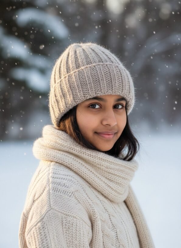 Light grey angora wool long foldable beanie cap handmade in Himachal