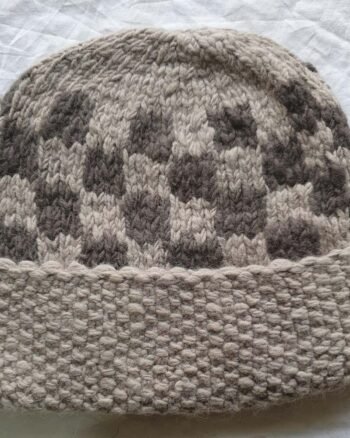 Light grey checked angora wool long foldable beanie cap handmade in Himachal