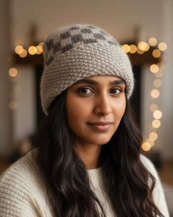 Light grey checked angora wool long foldable beanie cap handmade in Himachal