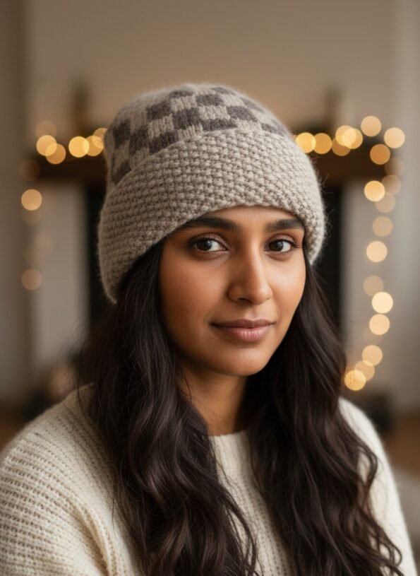 Light grey checked angora wool long foldable beanie cap handmade in Himachal