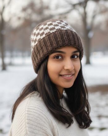 Brown angora wool long foldable beanie cap handmade in Himachal