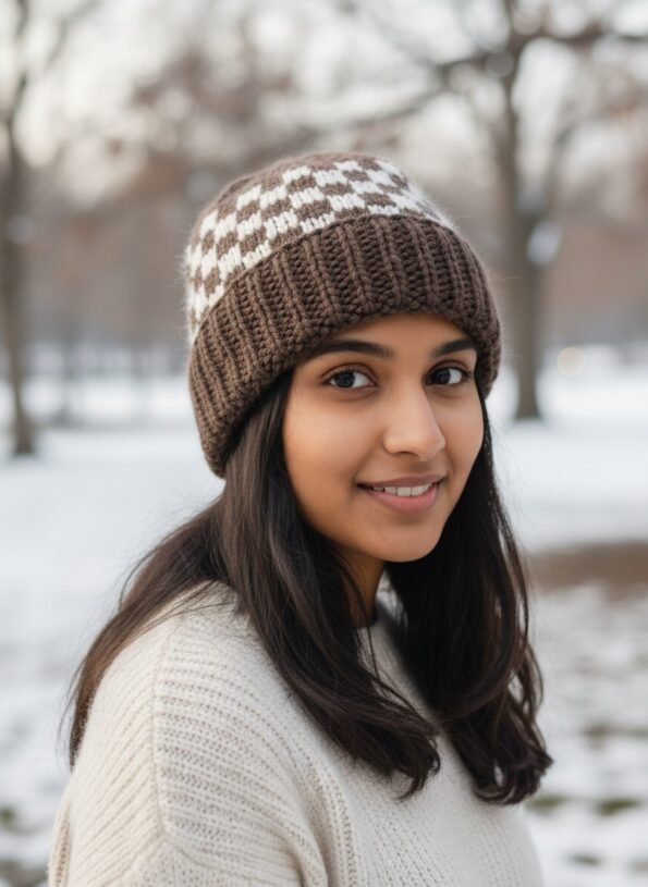 Brown angora wool long foldable beanie cap handmade in Himachal