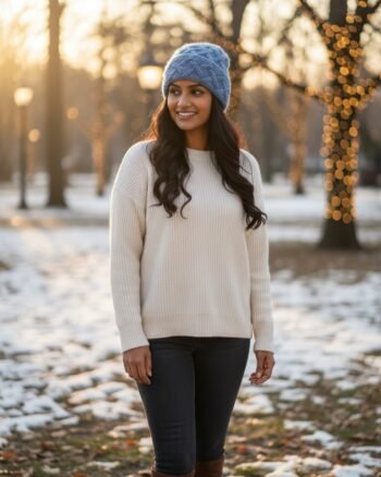 Light blue angora wool long foldable beanie cap handmade in Himachal