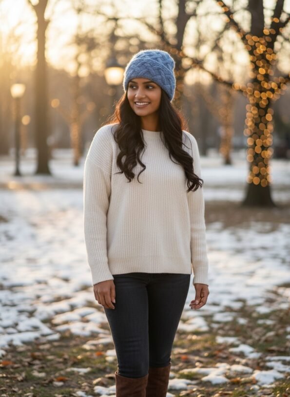 Light blue angora wool long foldable beanie cap handmade in Himachal