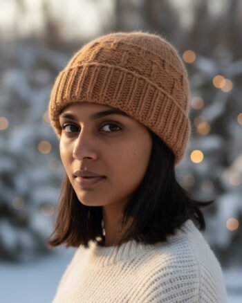 Orange angora wool long foldable beanie cap handmade in Himachal