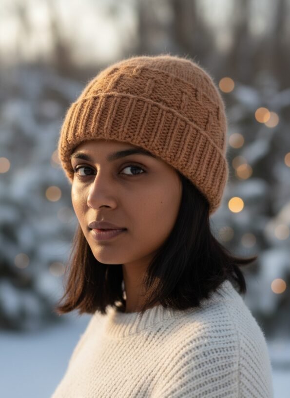 Orange angora wool long foldable beanie cap handmade in Himachal