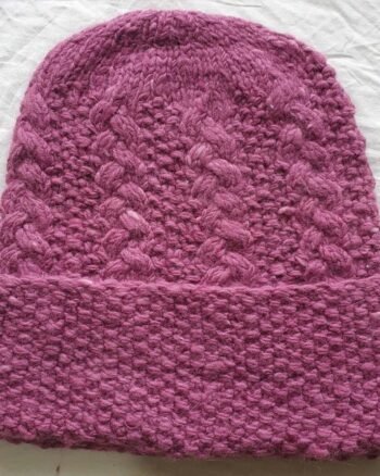 Dark pink angora wool long foldable beanie cap with textured knit handmade in Himachal