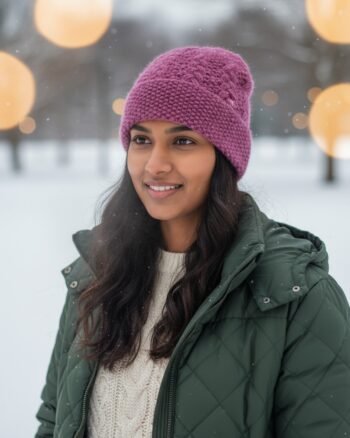 Dark pink angora wool long foldable beanie cap with textured knit handmade in Himachal