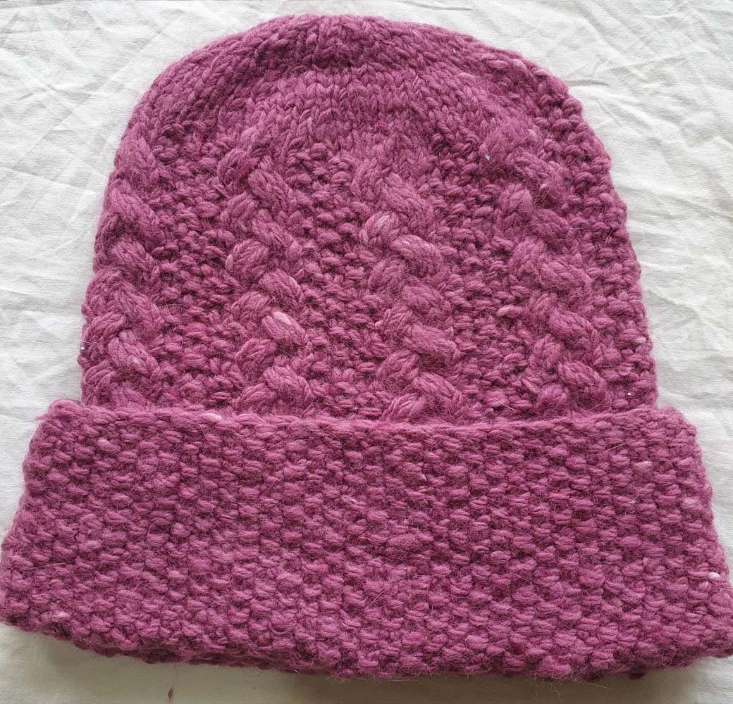 Angora Rabbit Wool Soft Fold Big Size Beanies Cap Hand Knitted By Himalayankraft Kullu Himachal Pink Long Dark pink angora wool long foldable beanie cap with textured knit handmade in Himachal
