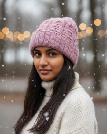 Light pink angora wool long foldable beanie cap handmade in Himachal