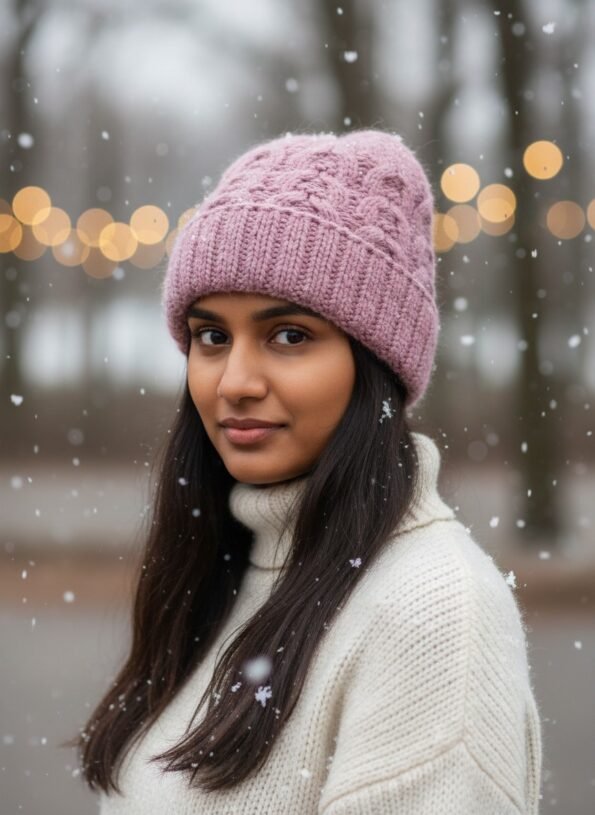Light pink angora wool long foldable beanie cap handmade in Himachal