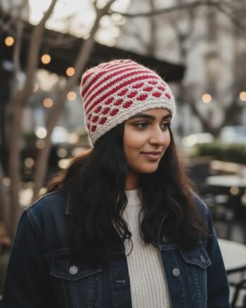 Red white checked angora wool long foldable beanie cap covering ears handmade in Himachal