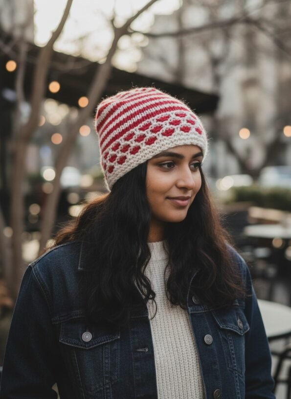 Red white checked angora wool long foldable beanie cap covering ears handmade in Himachal