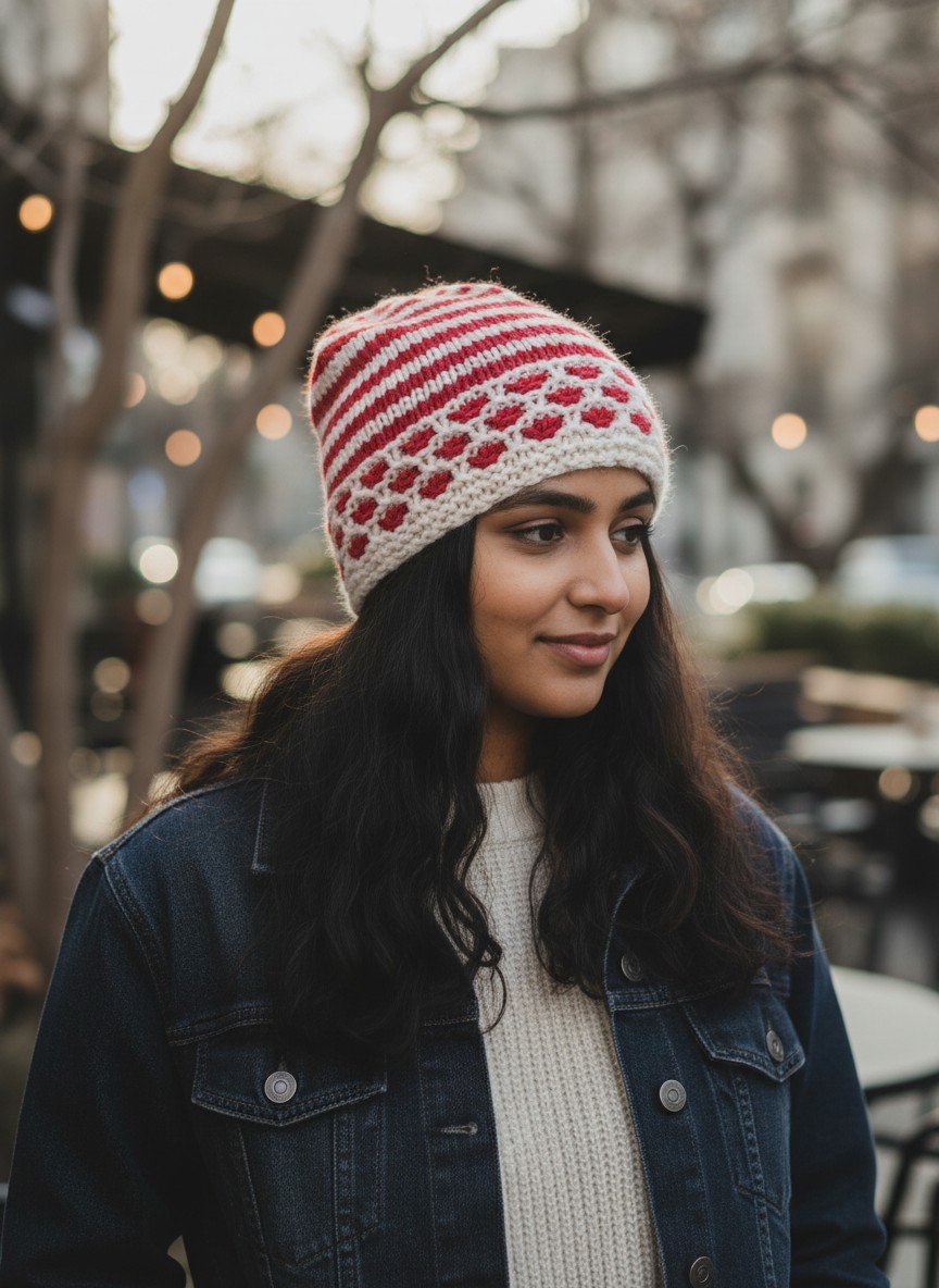 Angora Rabbit Wool Soft Fold Big Size Beanies Cap Hand Knitted By Himalayankraft Kullu Himachal Red White Long Beanies Cap 1.1 Red white checked angora wool long foldable beanie cap covering ears handmade in Himachal