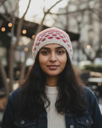 Red white checked angora wool long foldable beanie cap covering ears handmade in Himachal
