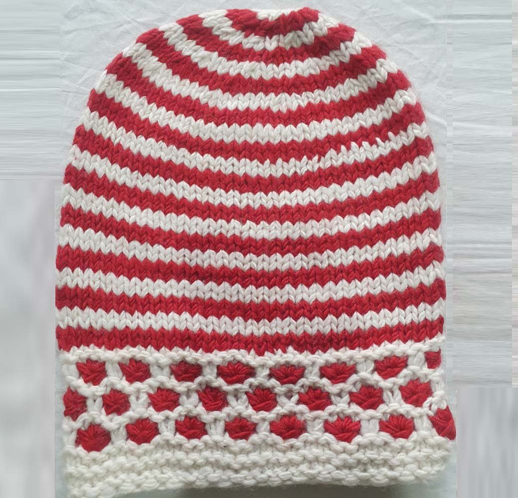 Angora Rabbit Wool Soft Fold Big Size Beanies Cap Hand Knitted By Himalayankraft Kullu Himachal Red White Long Beanies Cap Red white checked angora wool long foldable beanie cap covering ears handmade in Himachal