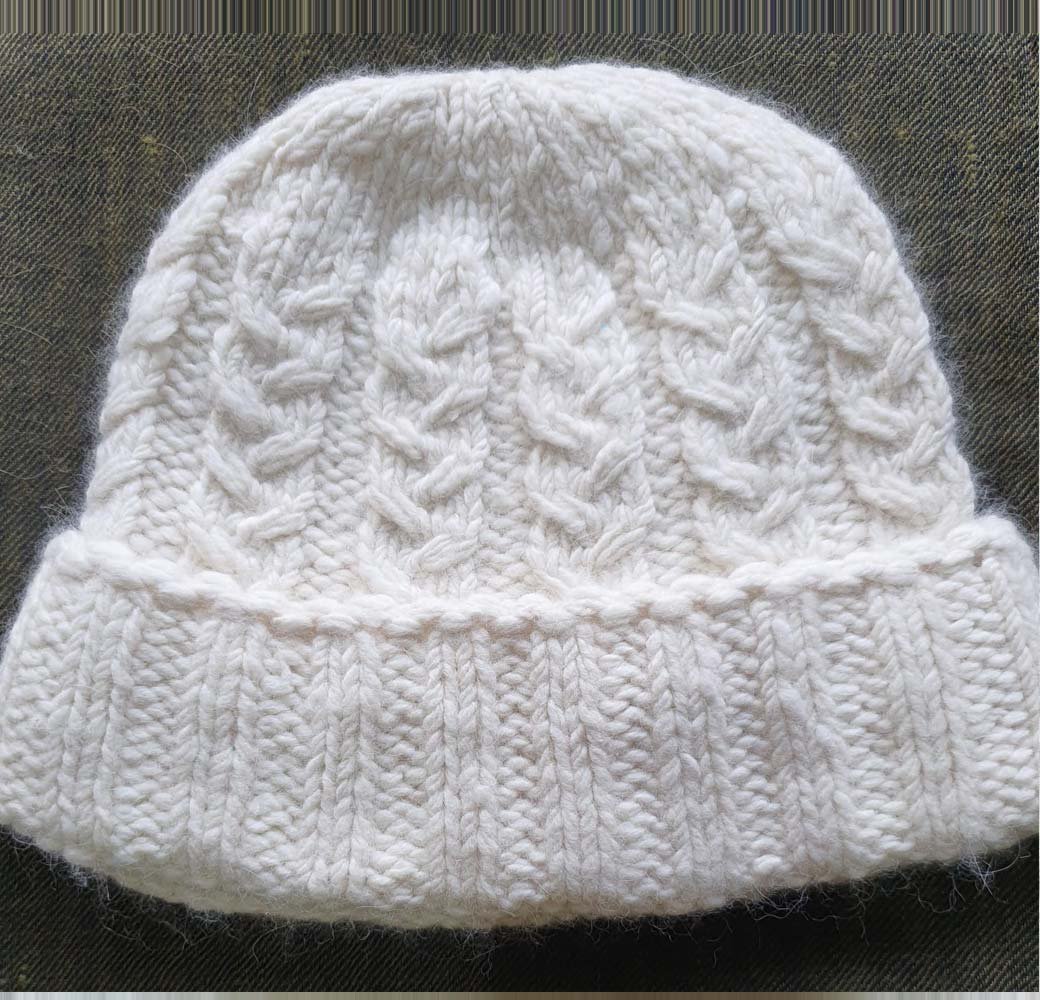 Angora Rabbit Wool Soft Fold Big Size Beanies Cap Hand Knitted By Himalayankraft Kullu Himachal White Big Size Off white angora wool long foldable beanie cap handmade in Himachal Pradesh