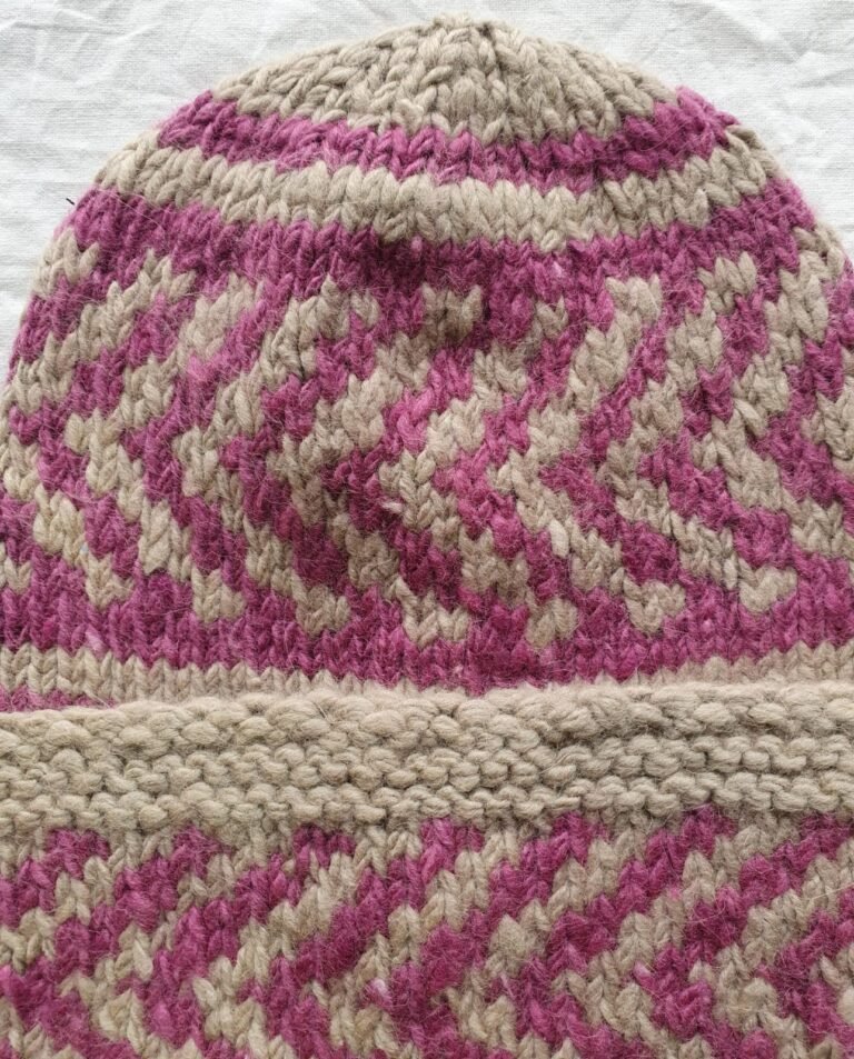 Angora Rabbit Wool Soft Fold Big Size Beanies Cap Hand Knitted By Himalayankraft Kullu Himachal White Pink 1 White pink checked angora wool long foldable beanie cap handmade in Himachal