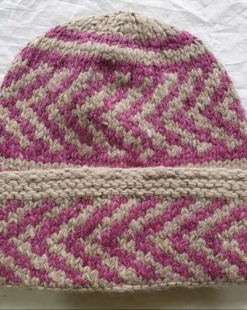 White pink checked angora wool long foldable beanie cap handmade in Himachal