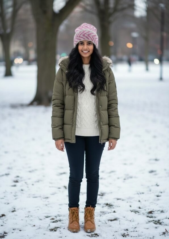 White pink checked angora wool long foldable beanie cap handmade in Himachal