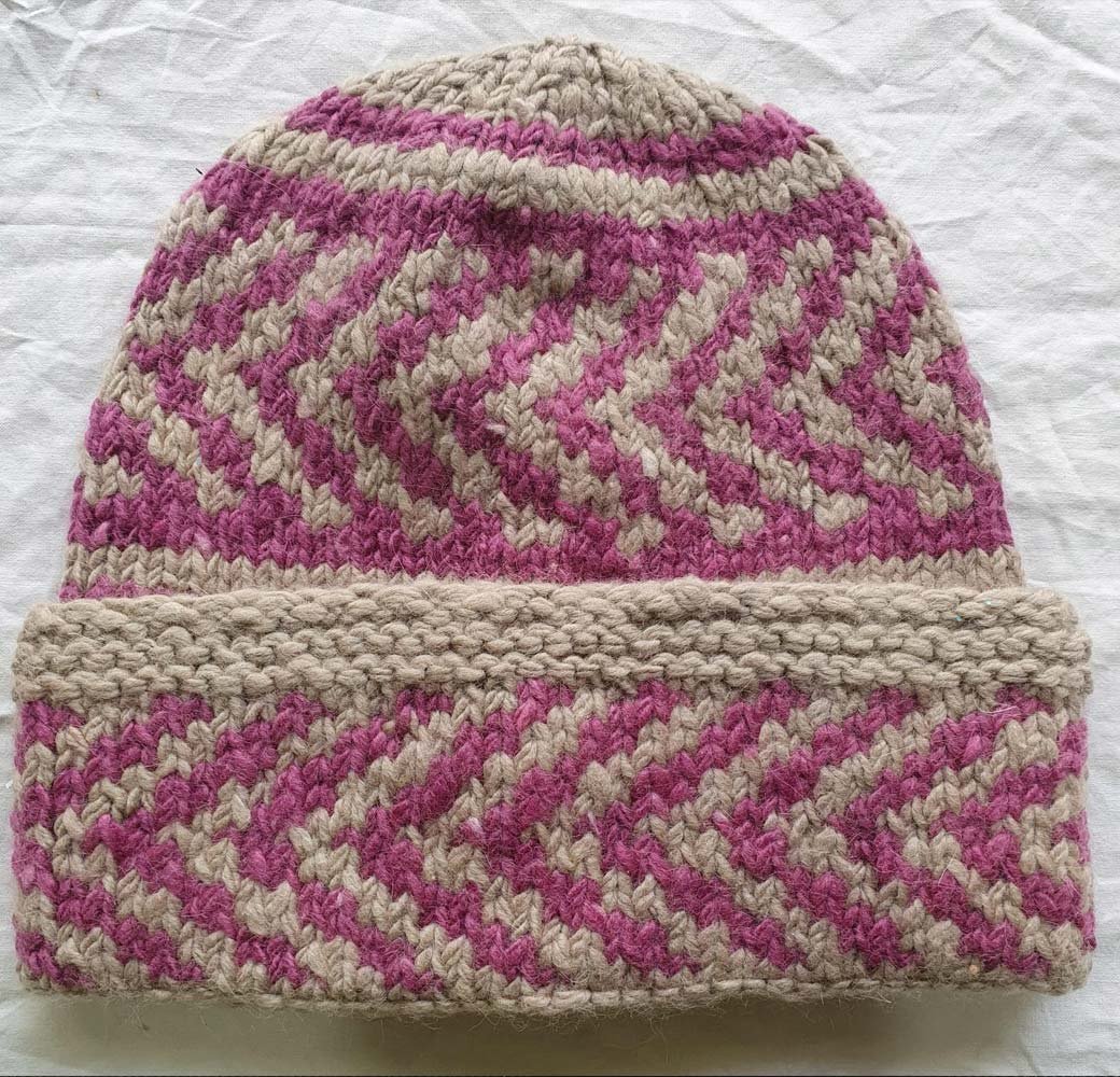 Angora Rabbit Wool Soft Fold Big Size Beanies Cap Hand Knitted By Himalayankraft Kullu Himachal White Pink White pink checked angora wool long foldable beanie cap handmade in Himachal