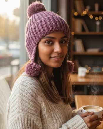 Pink merino wool long beanie hand knitted in Himachal Pradesh