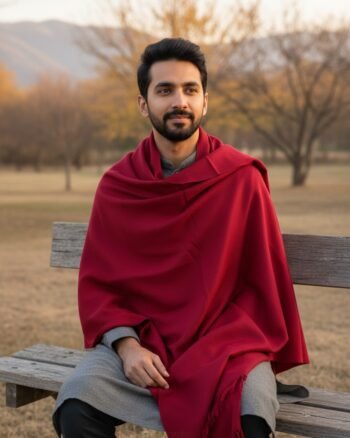 Kullu Hand Woven Handloom Woven Australian Merino Wool Mens Shawl Lohi Chadar by Himalayankraft Red 2