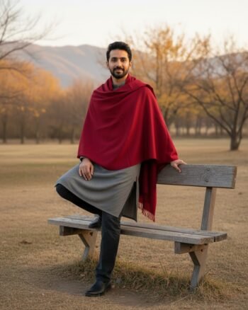 Kullu Hand Woven Handloom Woven Australian Merino Wool Mens Shawl Lohi Chadar by Himalayankraft Red 2