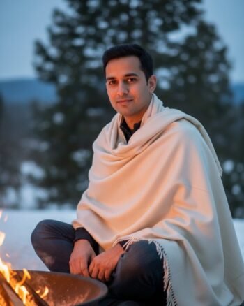 Kullu Hand Woven Handloom Woven Australian Merino Wool Mens Shawl Lohi Chadar by Himalayankraft White 1