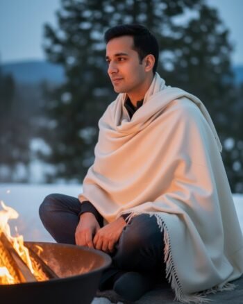 Kullu Hand Woven Handloom Woven Australian Merino Wool Mens Shawl Lohi Chadar by Himalayankraft White 1