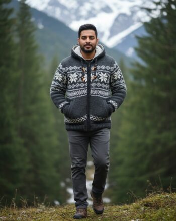 Heavy Knit Hoodie Sweater – Warm Nordic Pattern Winter Sweater in comfy style by Himalayankraft- Black 5