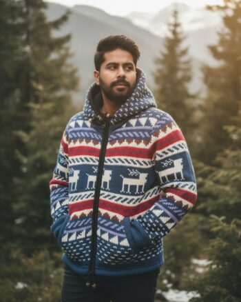 Heavy Knit Hoodie Sweater – Warm Nordic Pattern Winter Sweater in comfy style by Himalayankraft- Blue 1