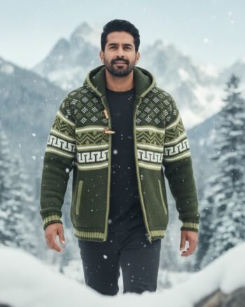 Heavy Knit Hoodie Sweater – Warm Nordic Pattern Winter Sweater in comfy style by Himalayankraft- Green 1