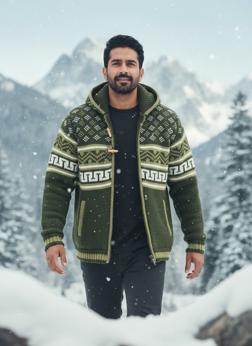 Heavy Knit Hoodie Sweater – Warm Nordic Pattern Winter Sweater in comfy style by Himalayankraft- Green 2 Heavy Knit Hoodie Sweater – Warm Nordic Pattern Winter Sweater in comfy style by Himalayankraft- Green 1