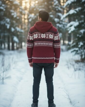 Heavy Knit Hoodie Sweater – Warm Nordic Pattern Winter Sweater in comfy style by Himalayankraft- Red 3